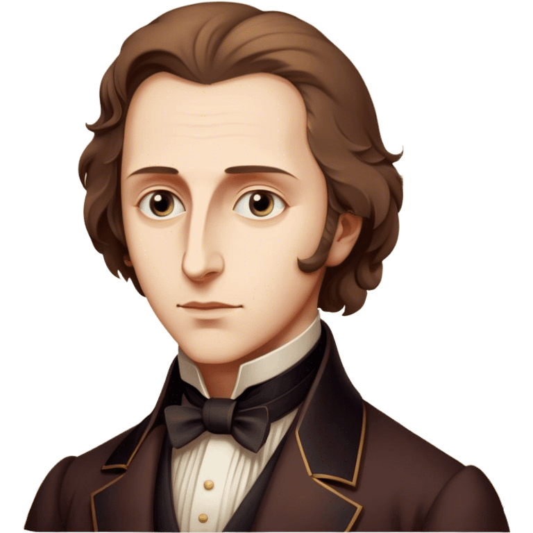 Cinematic Realistic Chopin Portrait Emoji, depicted as an introspective composer with expressive eyes and period attire, rendered with rich textured detail and soft classical lighting that captures his emotive musical genius. emoji