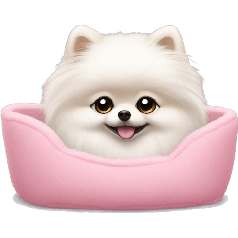 A small white pomeranian with a bow on her head, sitting in a pink furry bed emoji