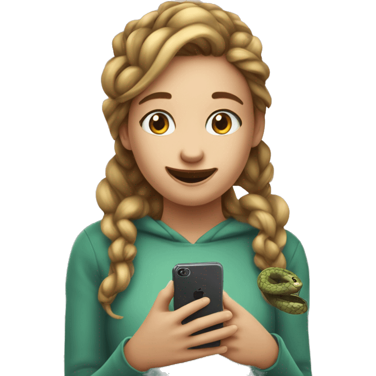 Make an emoji of a girl playing a game on her phone with her phone horizontal and make the phone screen have a snake on it emoji