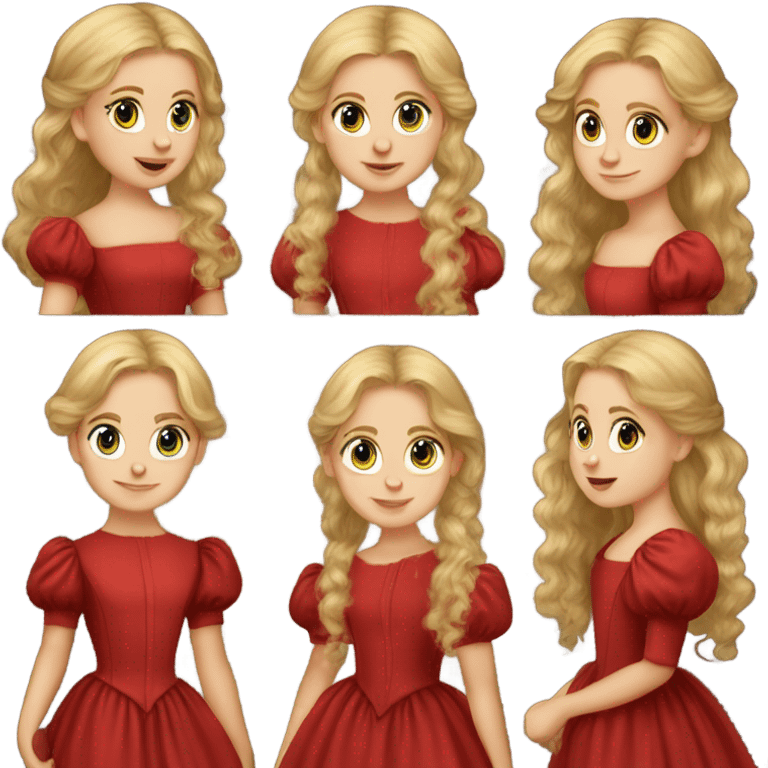 19th century blond and long hair on girl using a red dress with puff sleeves  emoji