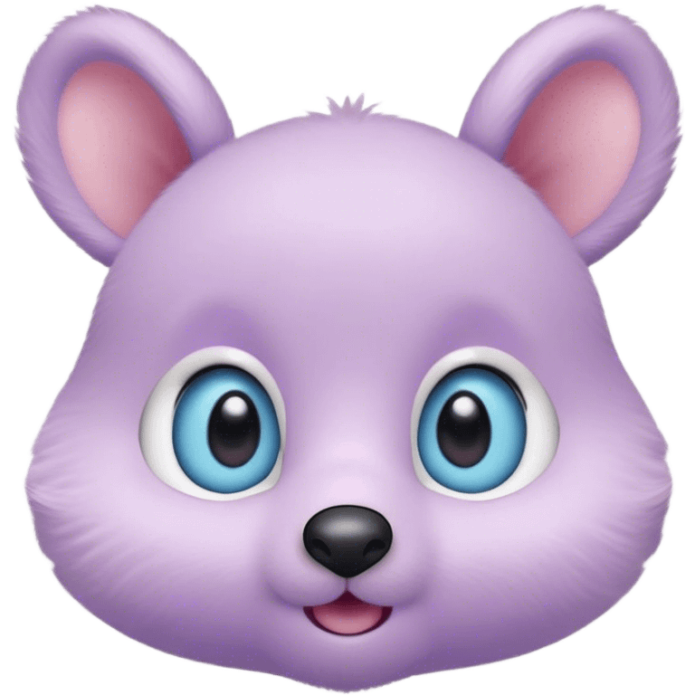 A creature with pastel purple fur and large pixar blue eyes and very small ears like a teddy bear. The nose is just a very small pink oval. The base around the eyes, eyebrows, nose and mouth is white, blushing. emoji