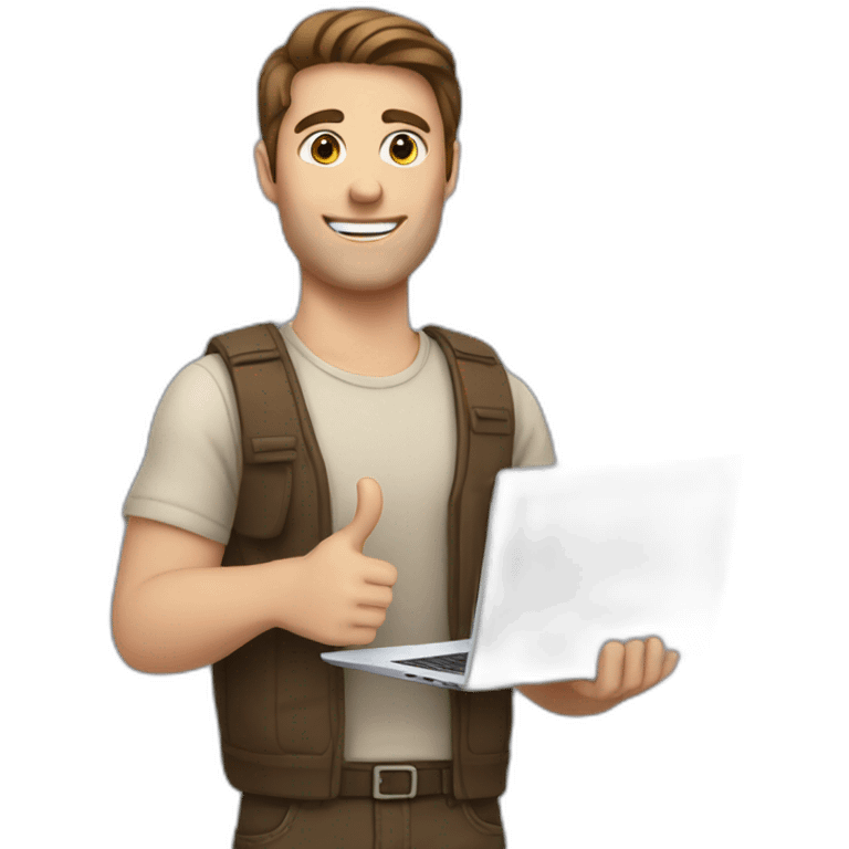 white man brown hair holding laptop thumbs up emoji