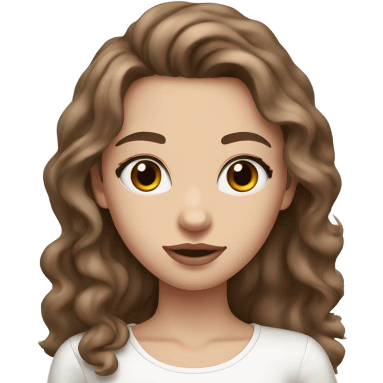 White skinny and beautiful girl with brown long wavy hair and dark brown eyes, soft pink lips and a white shirt.  emoji