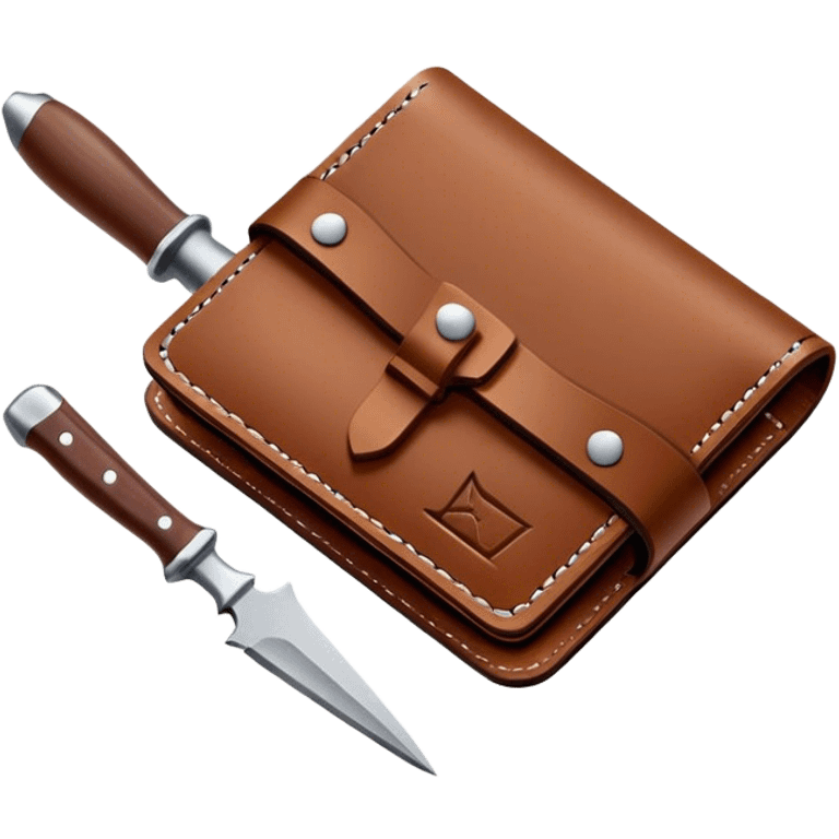 Leatherworking icon, piece of raw leather being crafted into a leather wallet or belt, professional tools like leather stitching awl, edge beveler, hammer, prying tool, minimalistic style, clean lines, transparent background. emoji