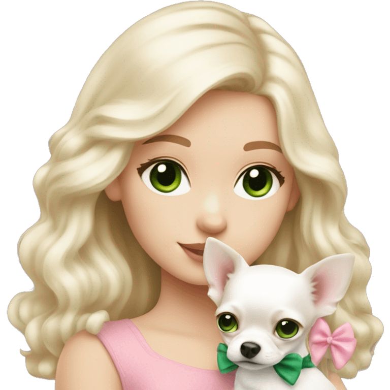 pale blond girl with wavy long platinum hair with green eyes holding a white chihuahua puppy that wearing a pink bow emoji