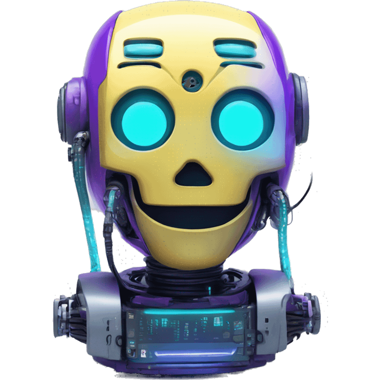 Smily face robotic scanning device, cyberpunk, cyan and purple colors, friendly, futuristic, binary code emoji