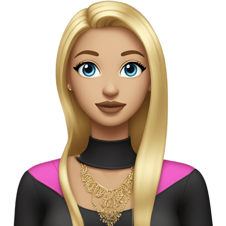 Tanned blonde girl with straight long shiny hair with middle part blue eyes with eyeliner   full pink shiny lips kinda big boobs wearing a lot of gold jelewerry ang black long sleeve  emoji