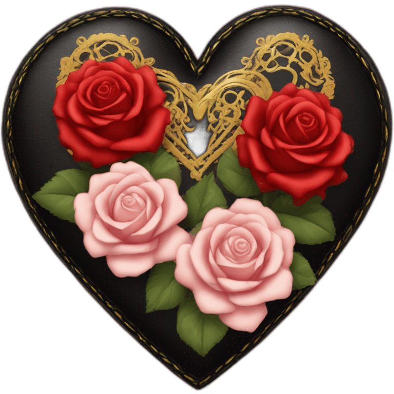 black leather heart and roses with red lace overlay and gold border emoji