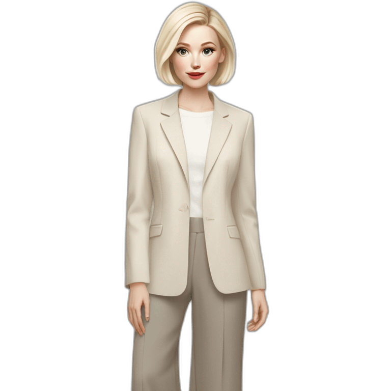 pale skin woman with ash blonde Straightened bob Hair, White Spacious classical jacket, beige palazzo Arrow pants and gray blouse holding a color palettes in the hands emoji