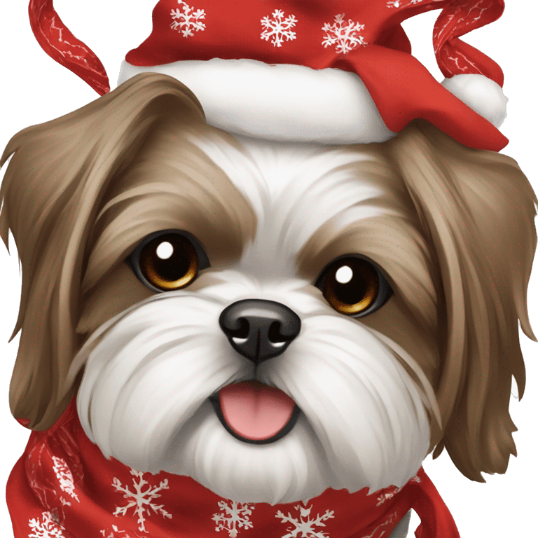 Brown and white Shih Tzu with Christmas scarf emoji