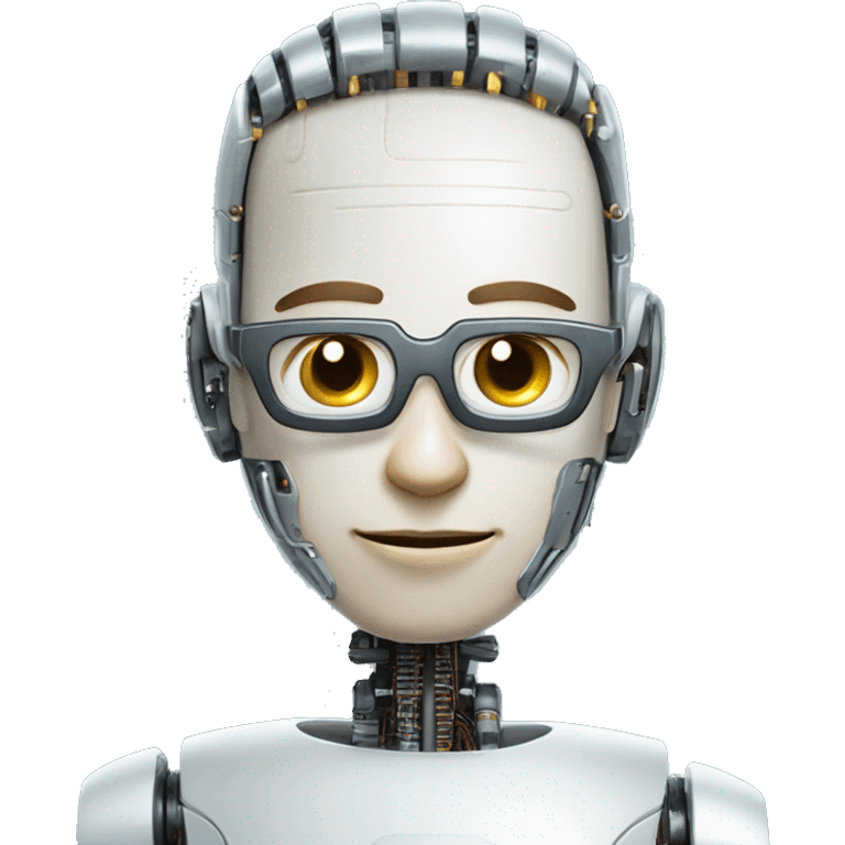 Robotic Cyborg head with fair skin, flat top haircut, rectangular glasses, circuits and smiling  emoji