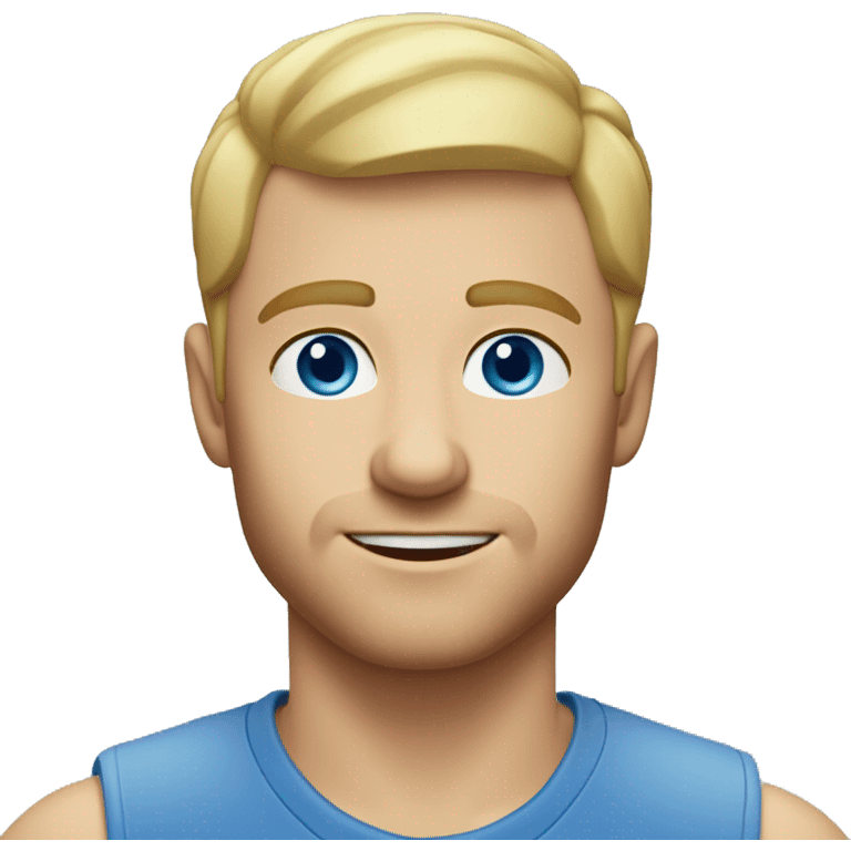 A head and shoulders shot of a 33 year old white man, with short blonde hair,   with blue eyes wearing a t-shirt. emoji