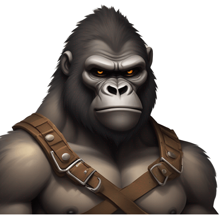 Gorilla-like warrior, tan muscular body, fresh chest wound. Leather and fur armor, stern expression, shadowy wild setting. Muted colors, intense and primal atmosphere. emoji