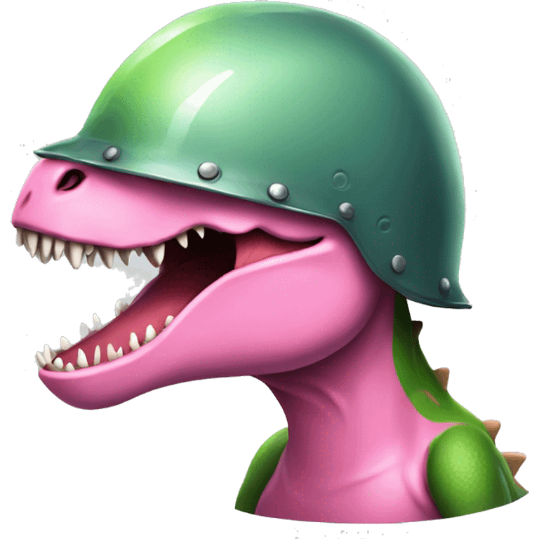 Dinosaur wearing a helmet, pink cheeks emoji