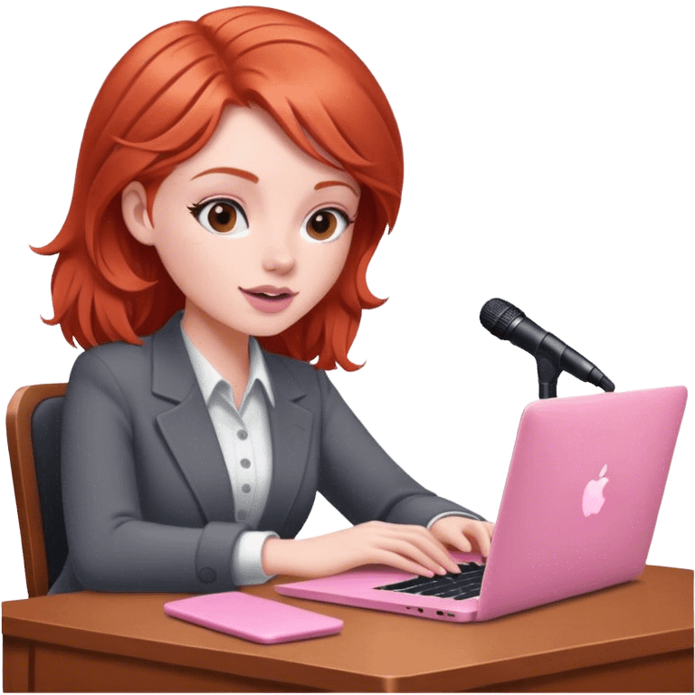 Redhead sat at desk with pink MacBook and microphone  emoji