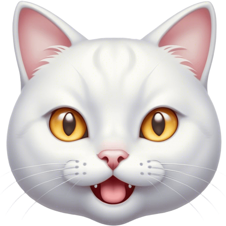 Cinematic Comical White Cat Portrait Emoji, Head tilted in an exaggerated, surprised manner with wide, sparkling eyes, showcasing a pristine white fur with subtle hints of silver and an animated, goofy expression, simplified yet whimsically detailed, glowing with a playful, bright radiance, high shine, exuding a lighthearted and comical charm, styled with a soft glowing outline, capturing the essence of a white cat that looks ready to prance comically off the screen! emoji