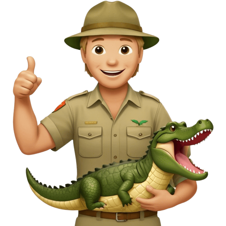 Cinematic Realistic Steve Irwin Portrait Emoji, in his signature khaki attire, holding a crocodile or giving an excited thumbs-up. The scene is lit with vibrant, natural sunlight, emphasizing his adventurous spirit and deep connection to nature. emoji