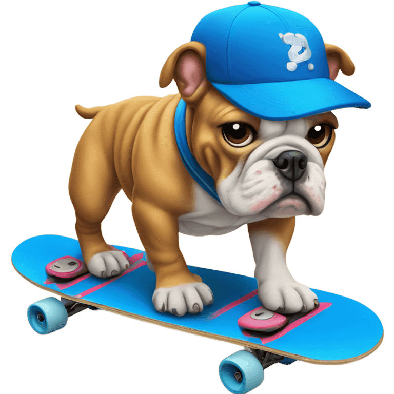 Bulldog with a blue baseball cap skateboarding by the beach emoji