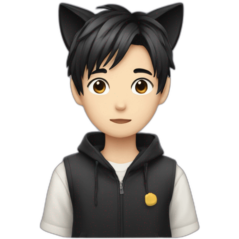 Japanese boy, with black cat ears and a cute hair style in black emoji