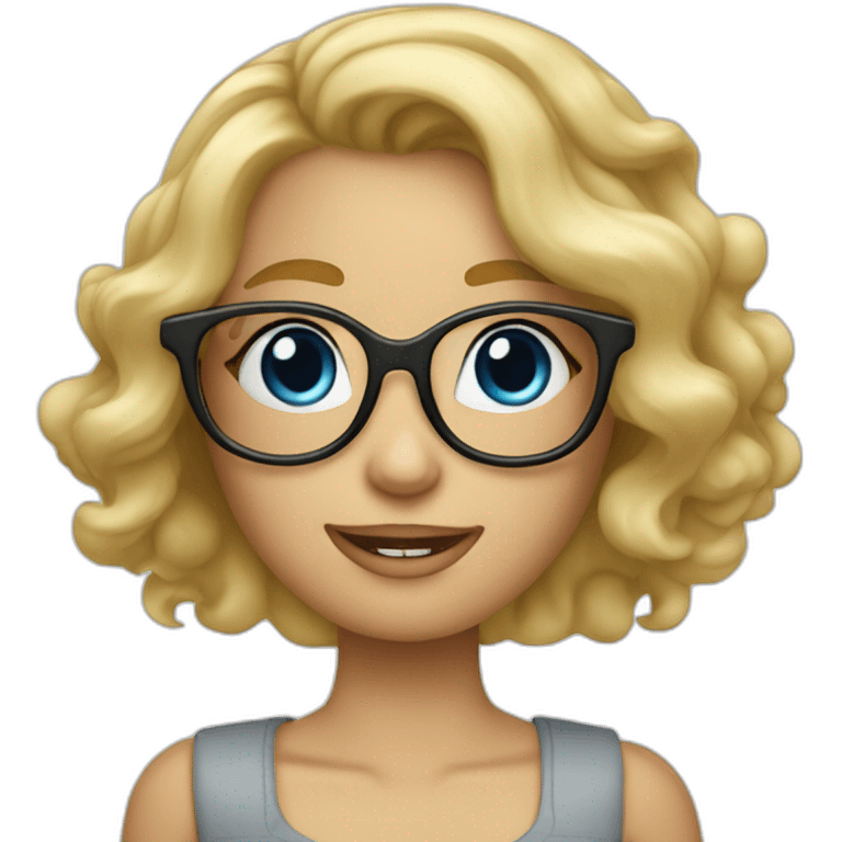 Blond girl with wavy hair, glasses, blue eyes, apple computer and arms tattoed emoji