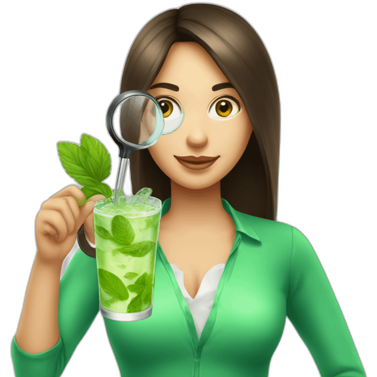 brunette girl with magnifying glass and mojito emoji