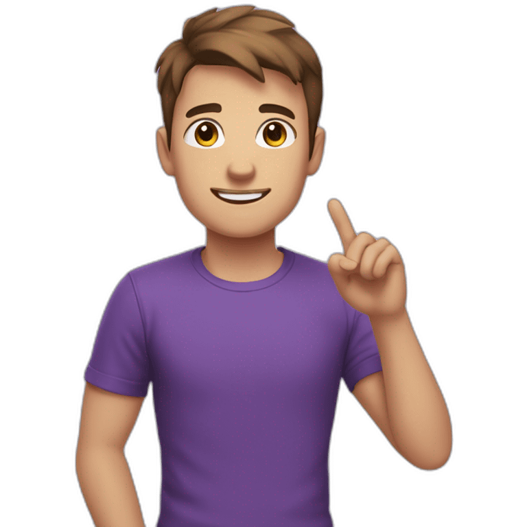 young man greeting with his hand, brown short hair, purple t-shirt, white skin, head large emoji