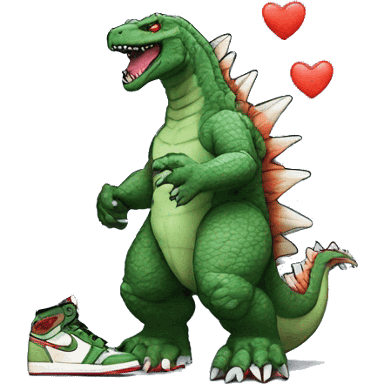 Godzilla in graphic style, holding Nike Air Jordan 1 sneakers in his hands emoji