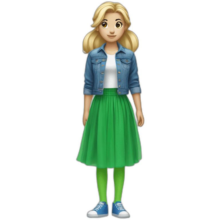 Blonde girl with bang and pony tail, in blue denim jacket, white T-shirt, green tights and elongated blue chiffon skirt emoji