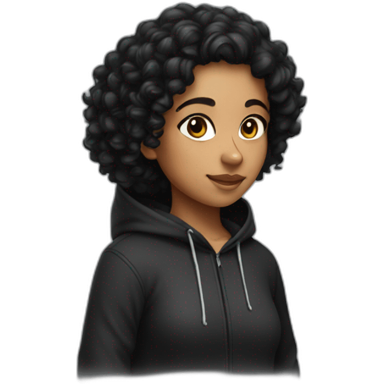 indian girl with black curly hair wearing a black hoodie emoji