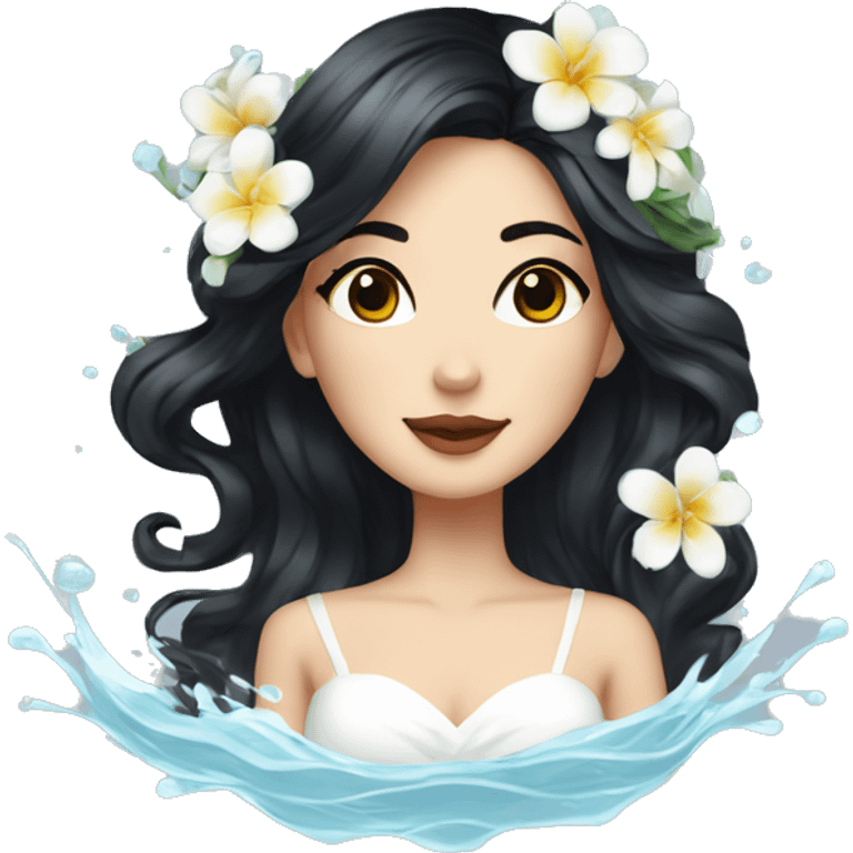 Pretty young Lady with black hair flowers in hair white dress surrounded by flowing water emoji