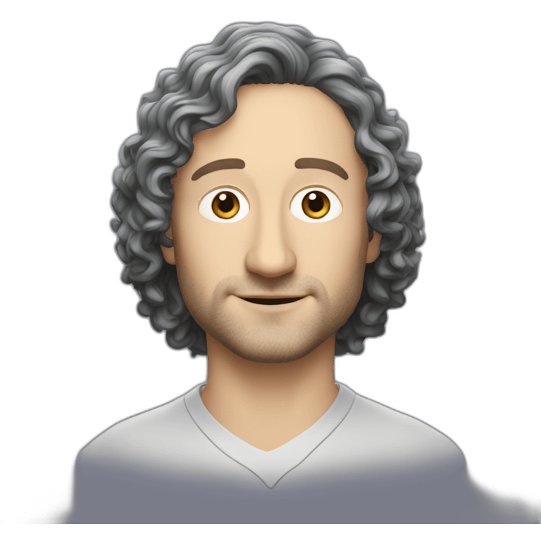 tim robinson with shoulder length curly black hair, wide triangular shape flat bottom emoji