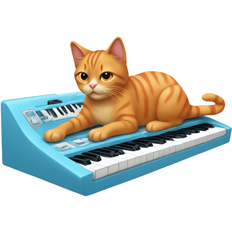 tan-red cat wearing a light-blue t-shirt taps musical keyboard emoji