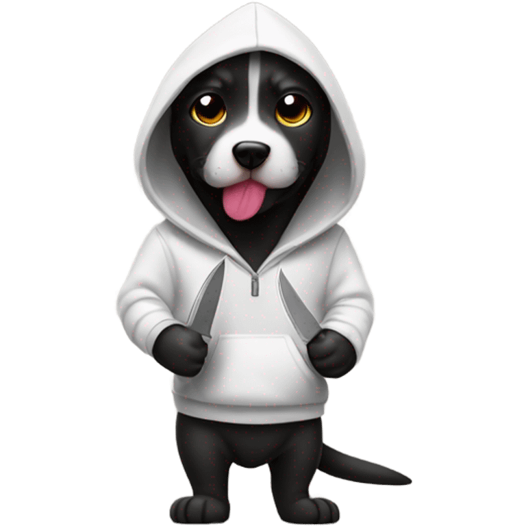 Dog wearing hoodie with a knife emoji