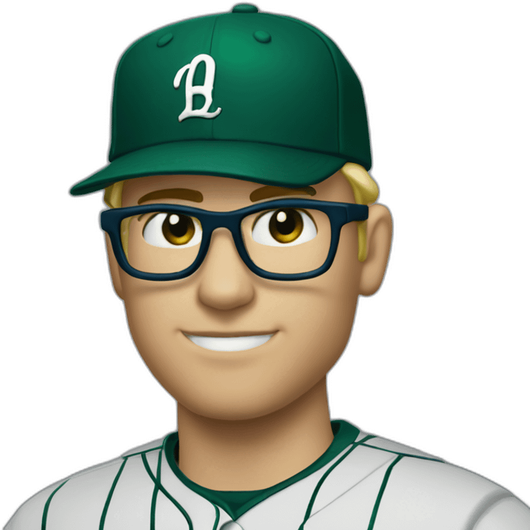 baseball card character. Blonde male. Short hair with glasses. Dark green uniform with hat. Blue eyes and a cobra snake logo on the hat with a C logo emoji