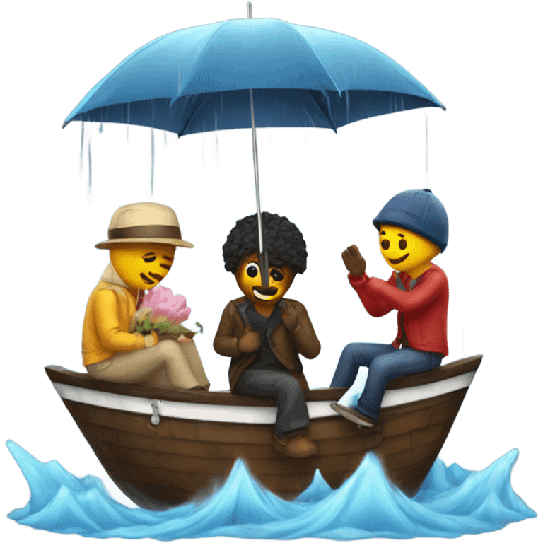 4 friends with umbrella playing with a ship in the rain emoji