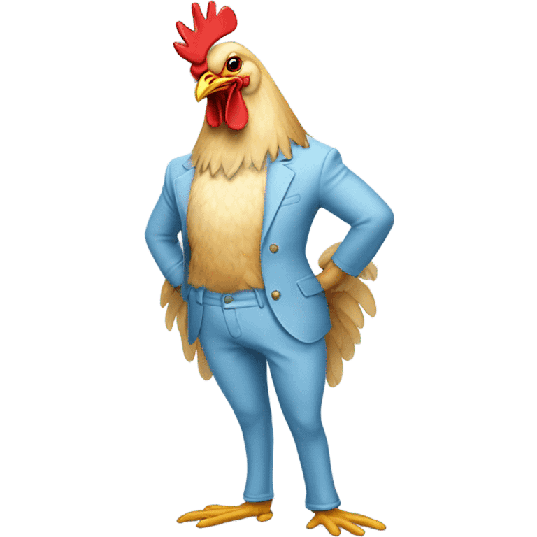 a chicken wearing light blue pants on its skinny legs  emoji