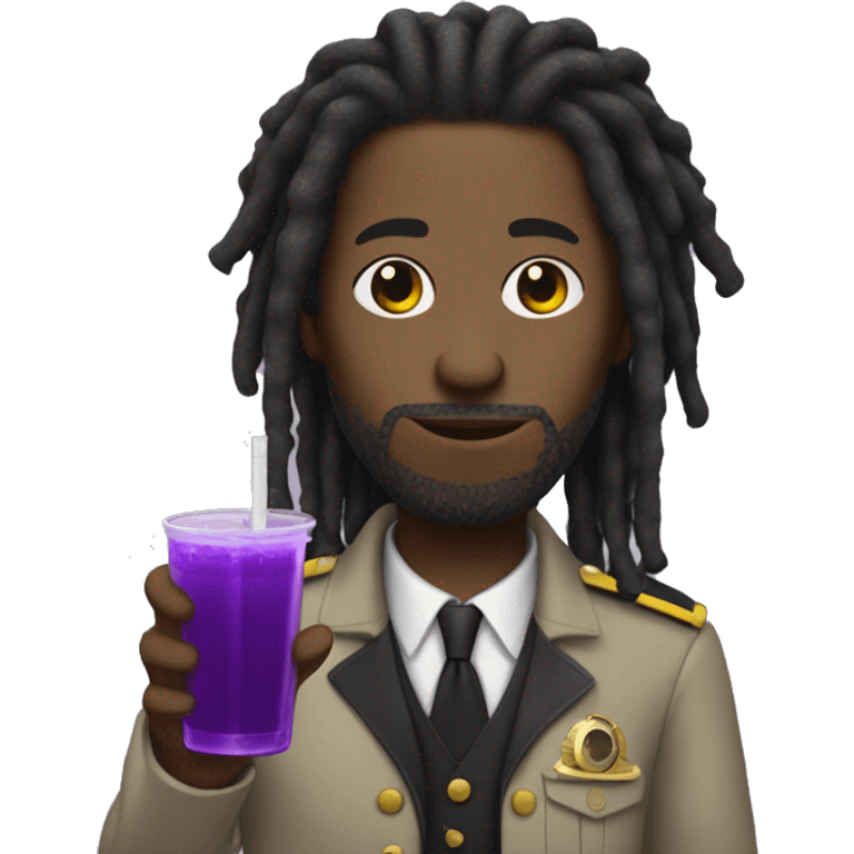 Black man with dreads with a inspector outfit on and a purple drink in the other hand emoji