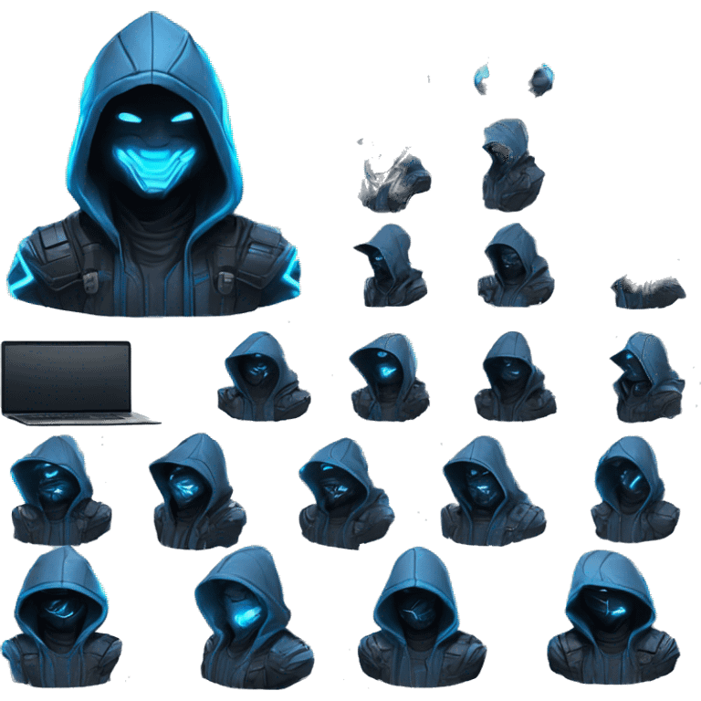 developer behind his laptop with this style : crysis Cyberpunk Riot Games Valorant neon glowing bright blue character blue black hooded assassin themed character emoji