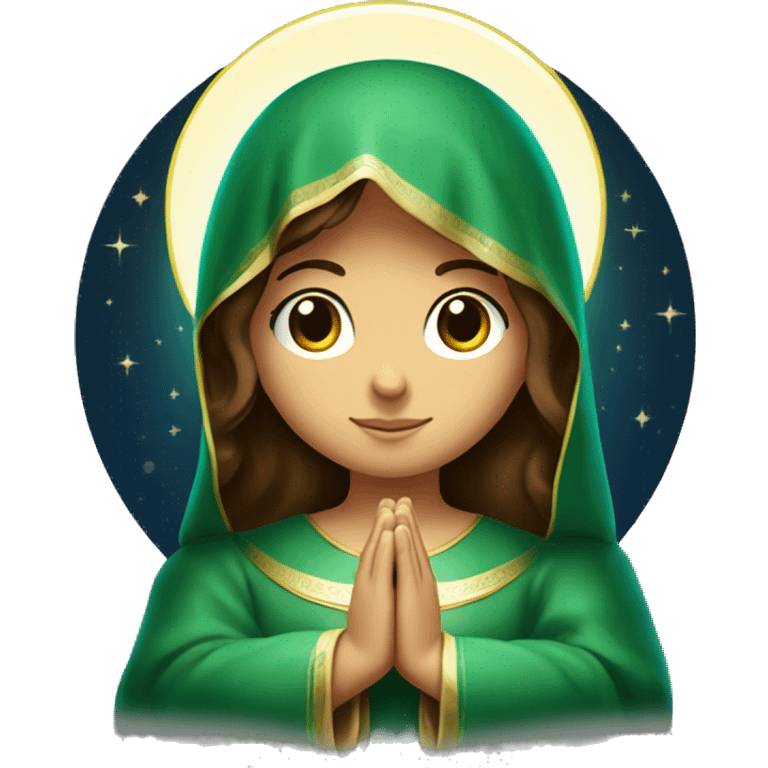 Virgin Mary: kind face looking down at the left, long brown hair, Wearing an emerald green  robe,  Hands in prayer or blessing. Halo around her head. standing on a crescent moon.  emoji