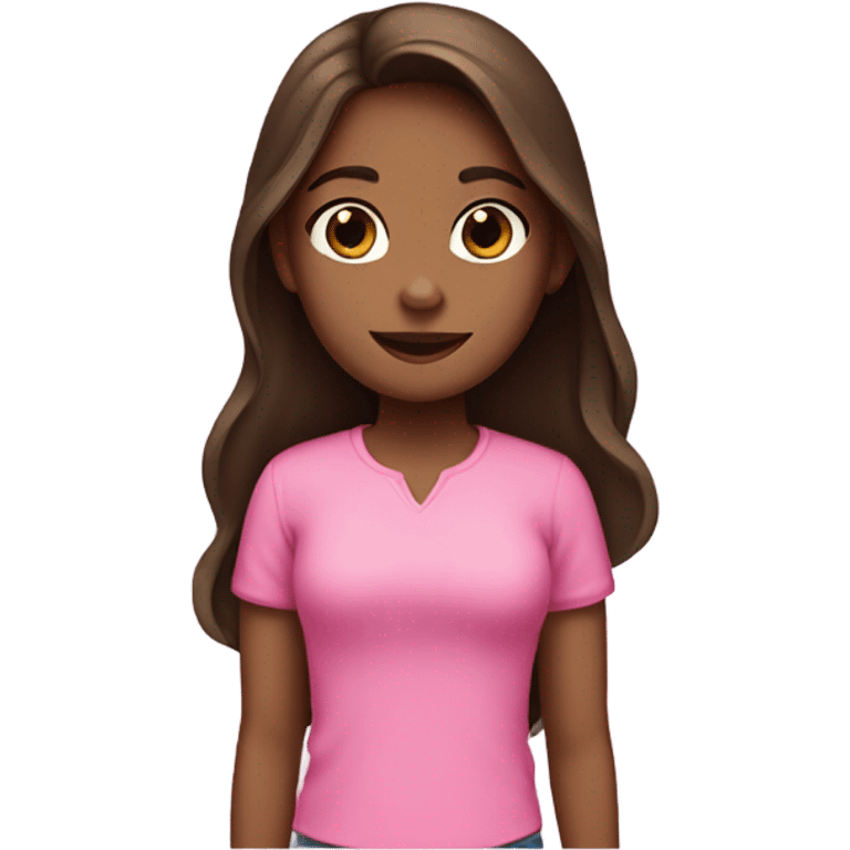 A girl with long brown hair and brown eyes and a pink shirt with three black cats emoji