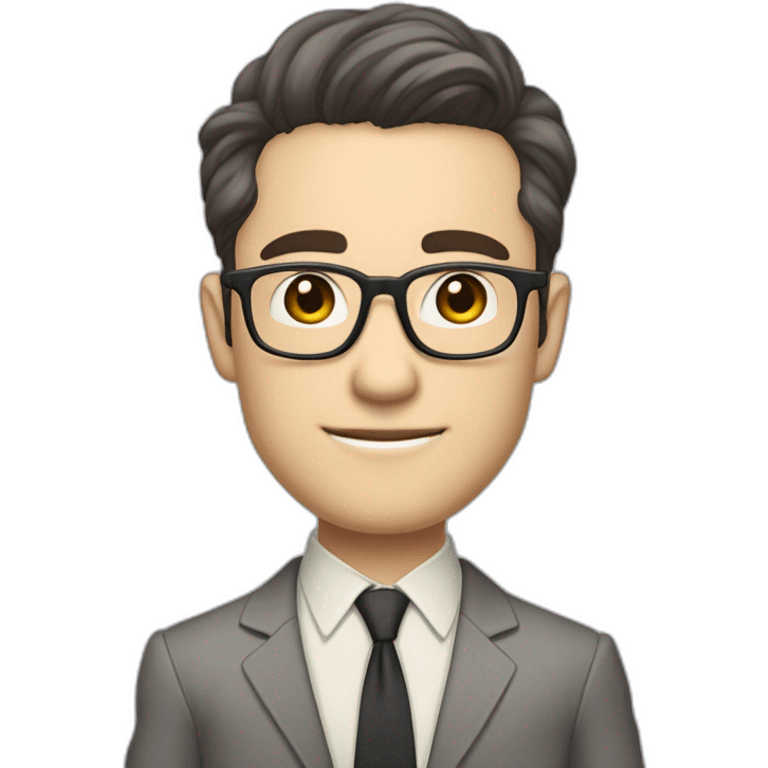 Full height Pale skinned Fit Man With dark brown hair in classic gray suit, beige office shirt, dark gray tie, and vintage glasses. Thrumbs of his palms directed up emoji