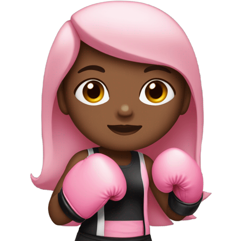 Girl with a little dark skin with long, straight brown hair with brown eyes and long eyelashes, with pink boxing gloves with a black top and black pants emoji