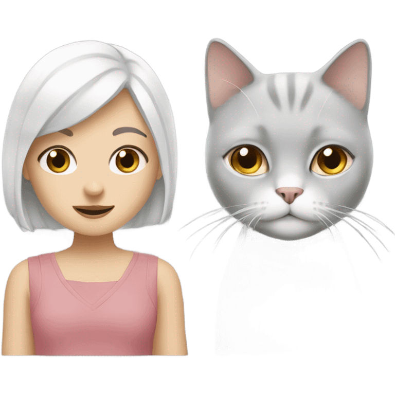 Girl with white hair, grey eyes with British grey and white cat emoji