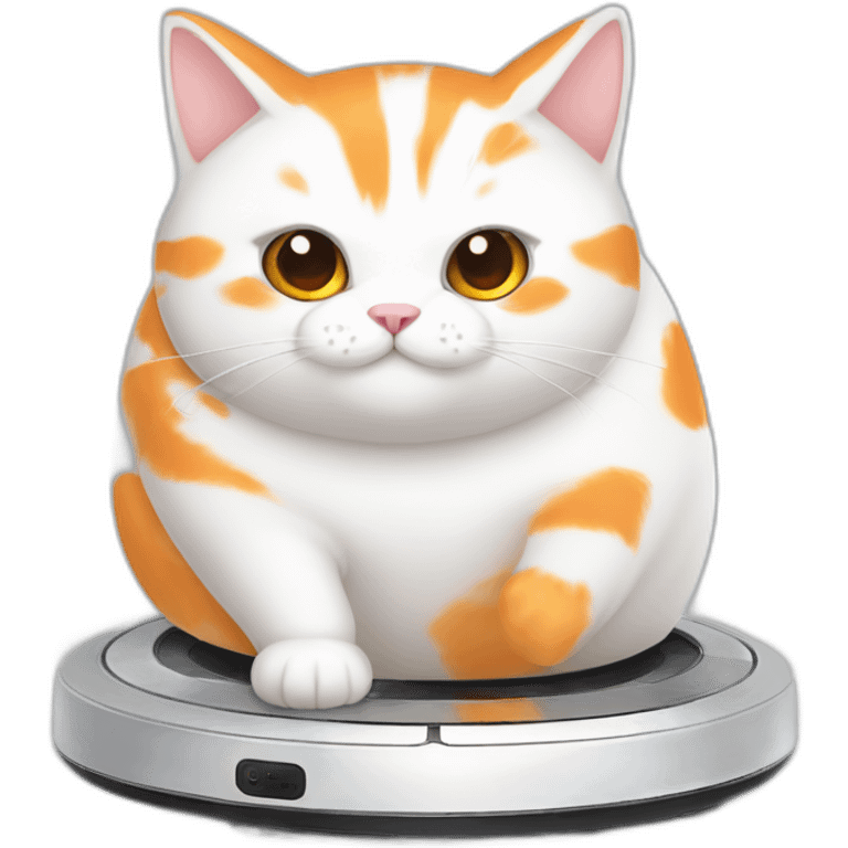 fat white and orange cat sitting on top of white roomba emoji