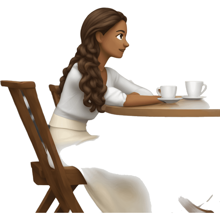 Side view realistic posh brown haired woman sits at the coffee table emoji