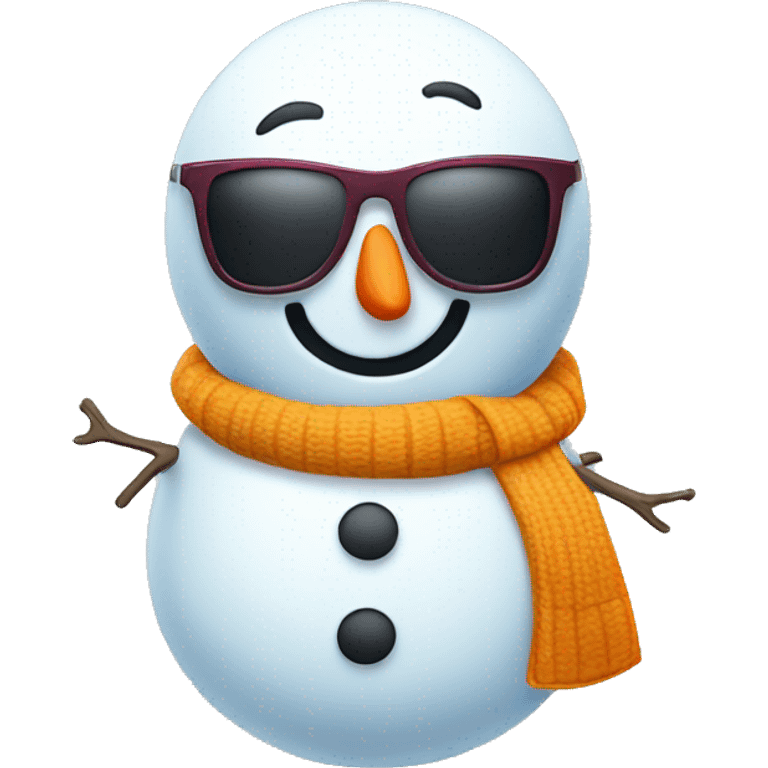 snowman  with sunglasses and vest. Stick arms with bright buttons emoji