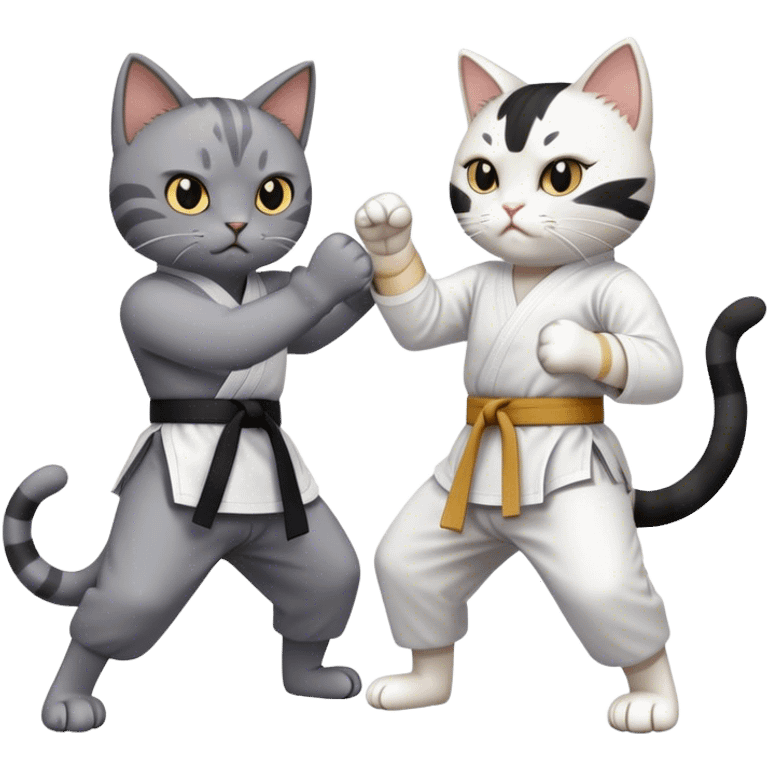 Grey cat with some white karate fighting a black and white cat emoji