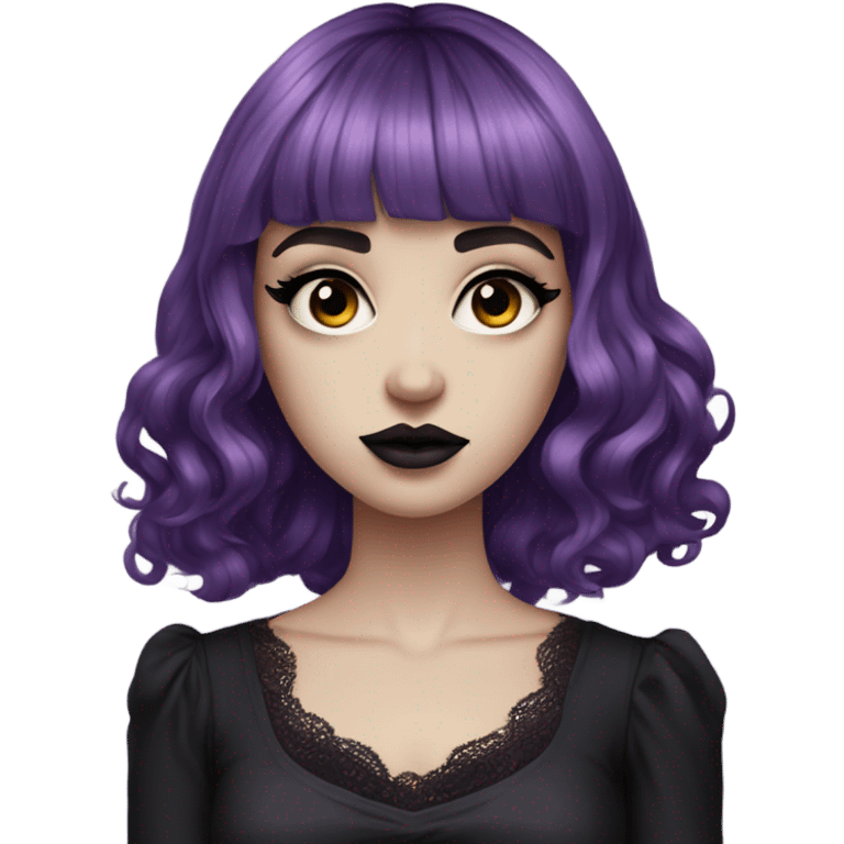 one single alt women, purple hair, wavy hair, medium hair, short bangs, dark makeup, dark pink lips, gothic detailed strap dress, white skin  emoji