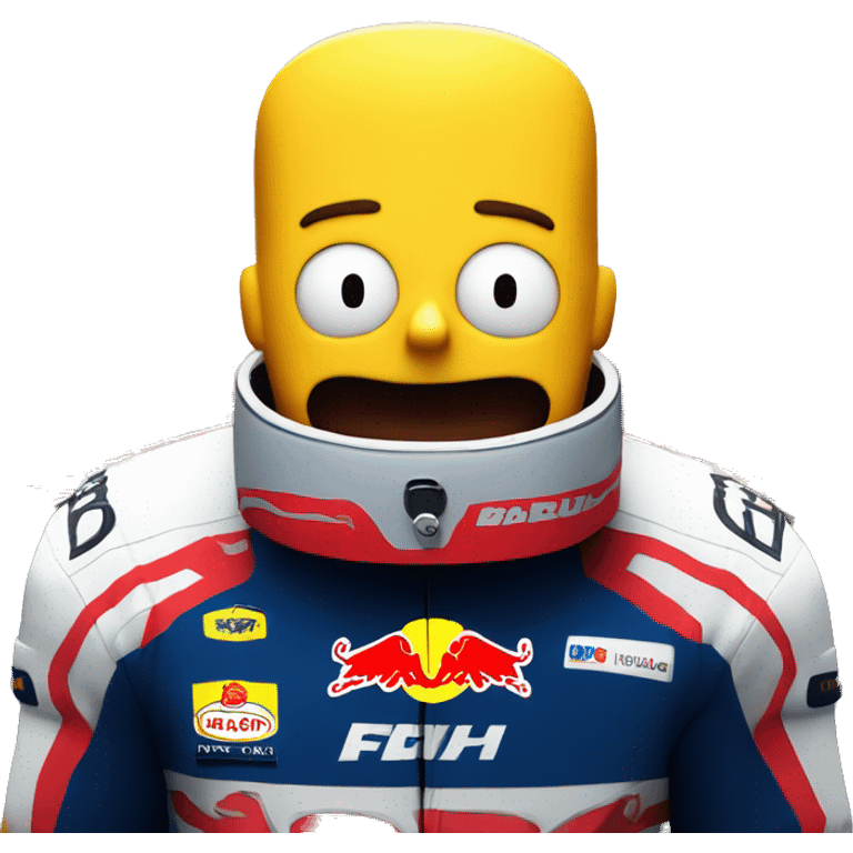 Bart simpson with his helmet but his eyes visivle, driving a red bull in a track of formula 1 emoji