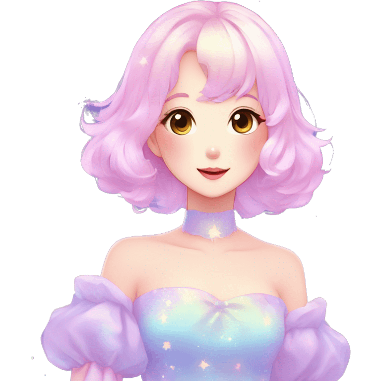 Gorgeous pastel anime style lady blushing nebula-gradient-sparkle face dreamy idol model colorful shiny stars galaxy kawaii cottagecore pearly petite simplistic aesthetic trending style emoji